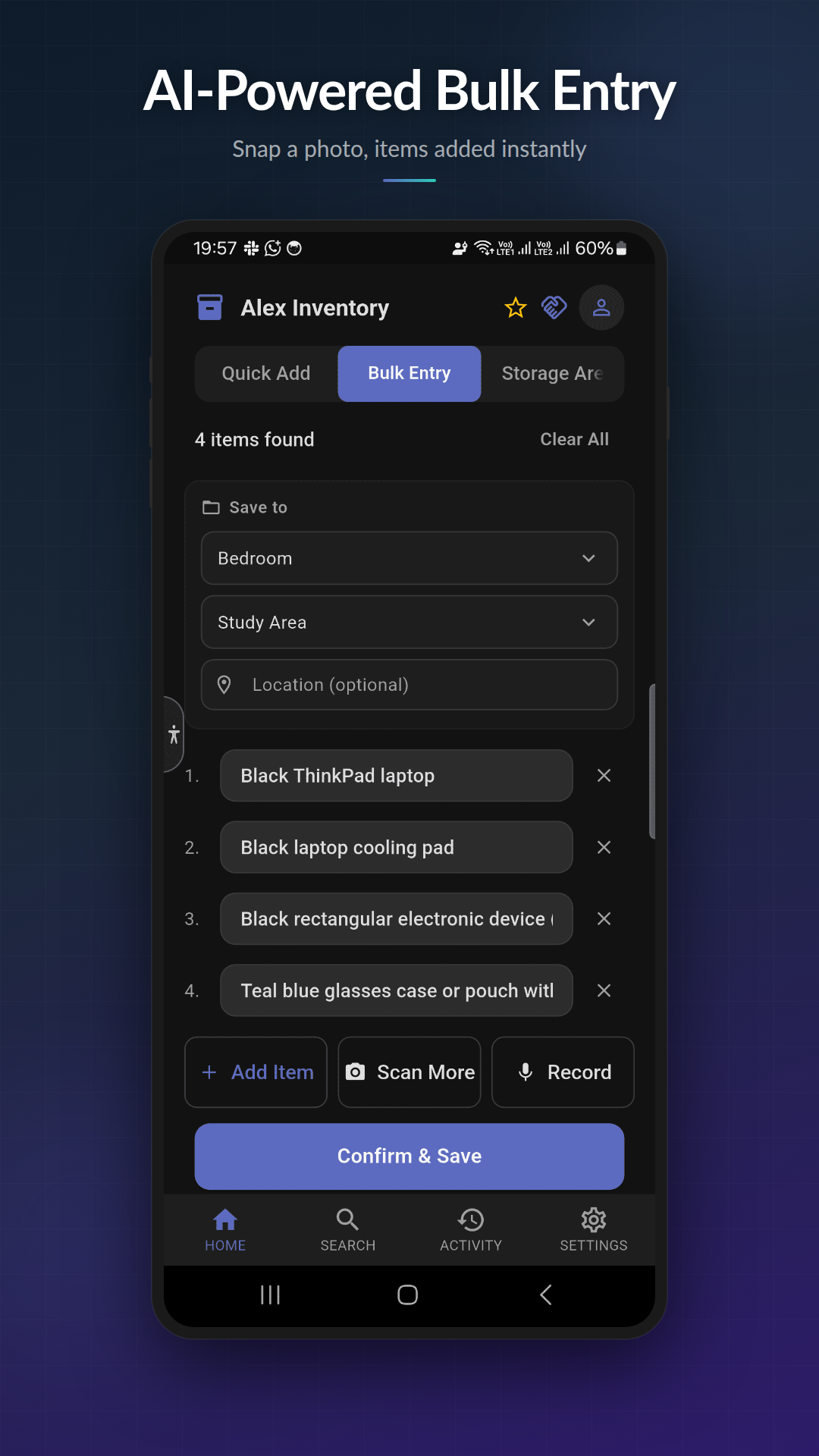 ScanStock AI-powered bulk entry adding items from a photo